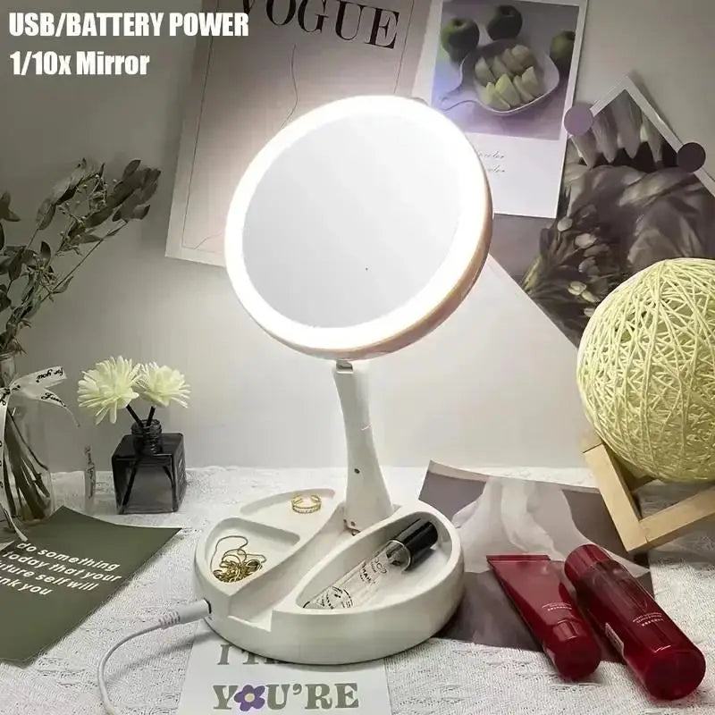 LED Makeup Mirror 10X Magnifying Foldable Travel Mirror Lights