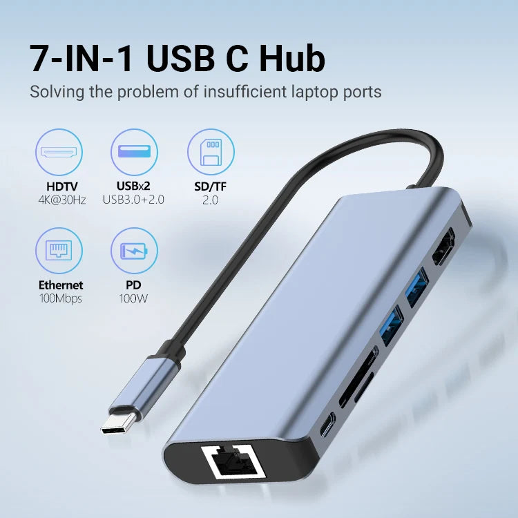 7-in-1 USB-C Hub: HDMI, PD 100W, RJ45, SD/TF & USB 3.0