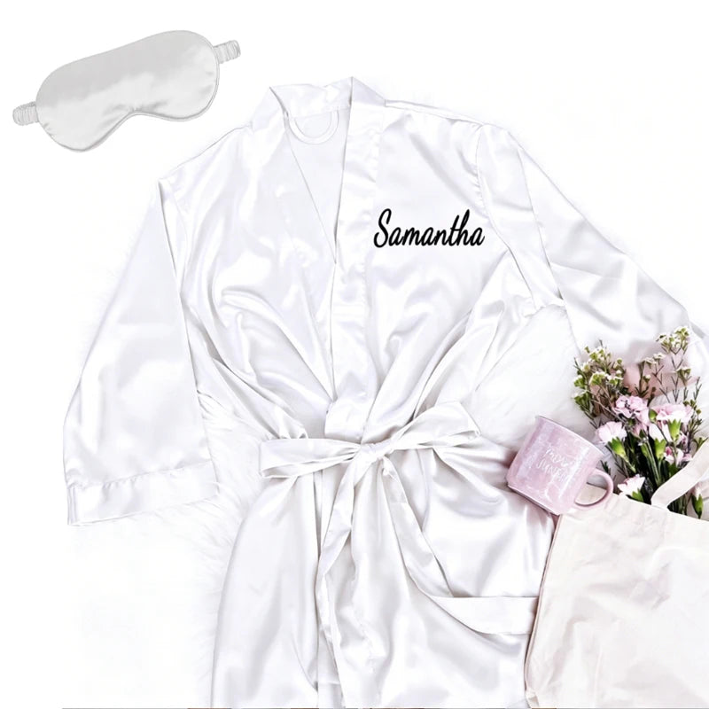 Personalized Name Bridesmaid Bathrobe & Eye Mask Set Elegant Soft Satin Robe Wedding Bachelorette Party Bridal Shower Decoration Peaceful Pleasures Health and Wellness