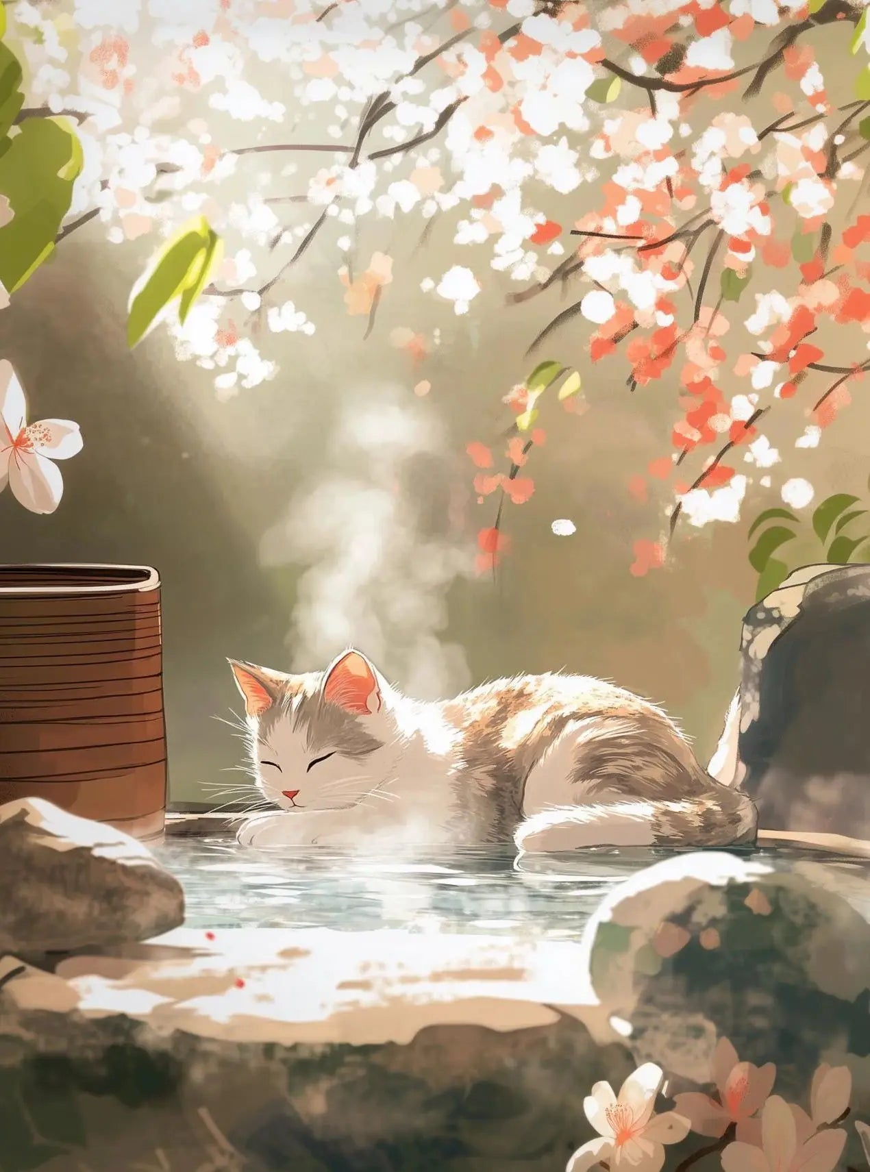 Japanese Cherry Blossom Cat Hot Spring Canvas Wall Art Print