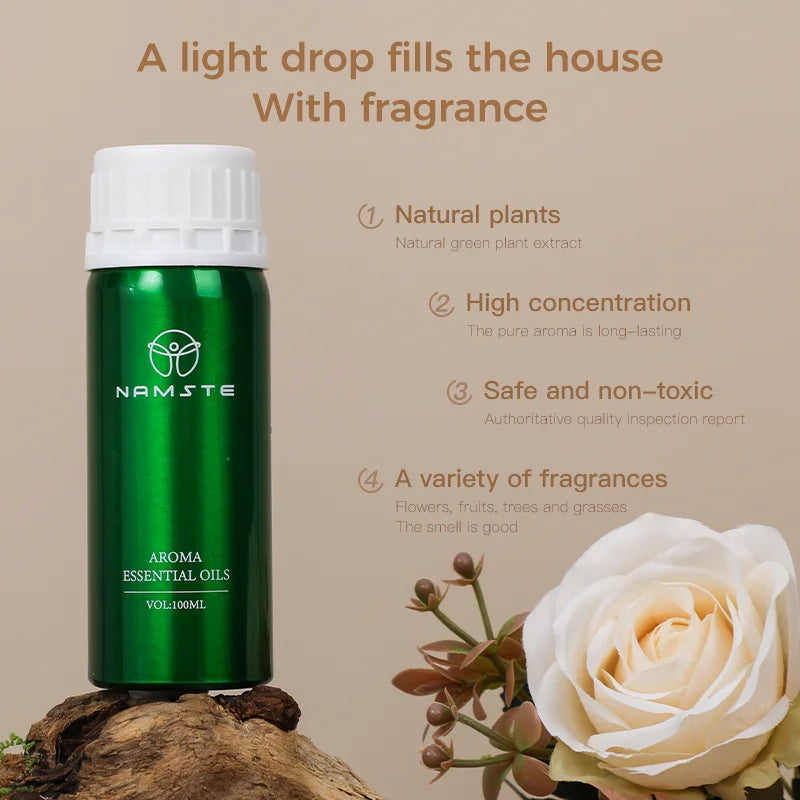 Green essential oil bottle with white cap on a beige background, featuring a rose and text about product features.