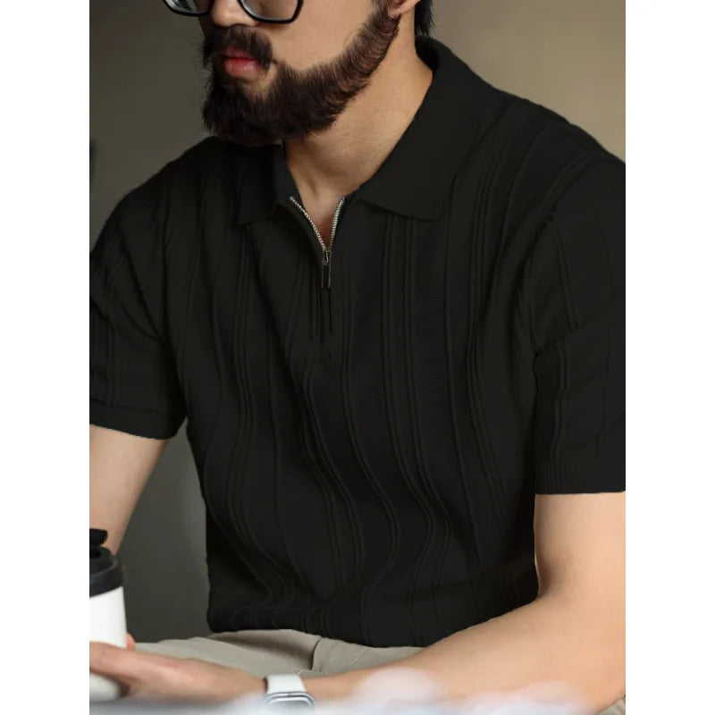 Men's Ice Silk Zipper Polo Shirt | Slim Fit Short Sleeve