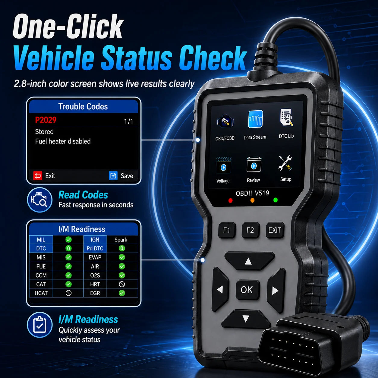 2026 V519 Professional Obd2 Scanner - Usb-Powered Automotive Diagnostic Tool with Real-Time Data Stream, Full-Featured Obd Ii Testing (I/M Ready, Bod2/Eobd), Clears Engine Fault Lights, Reads/Erases Codes for Most Vehicles, A Peaceful Pleasures Health and Wellness