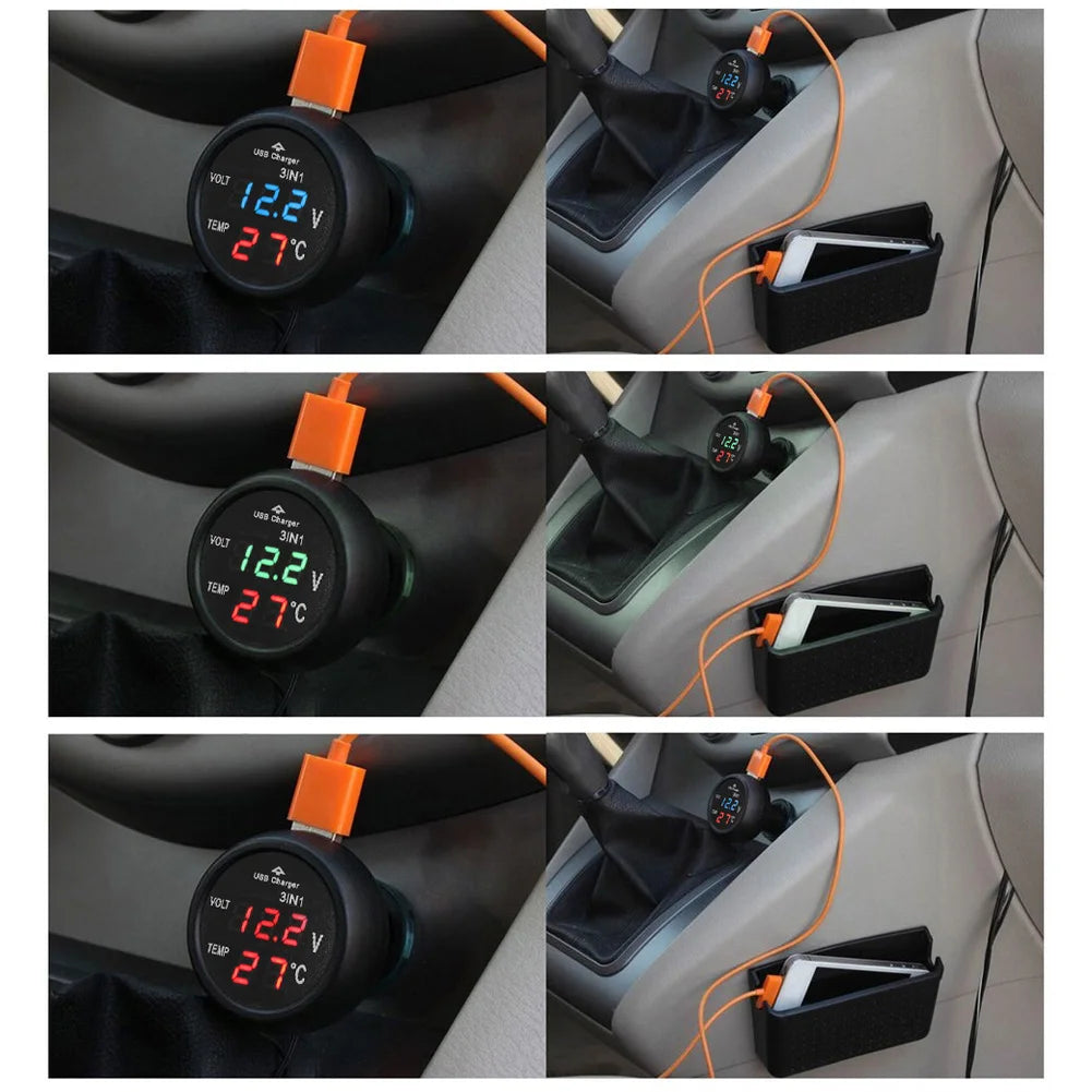3 in 1 12V/24V Digital LED Car Cigarette Lighter Voltmeter Thermometer Car Truck USB Charger Voltage Current Temperature Meter Peaceful Pleasures Health and Wellness