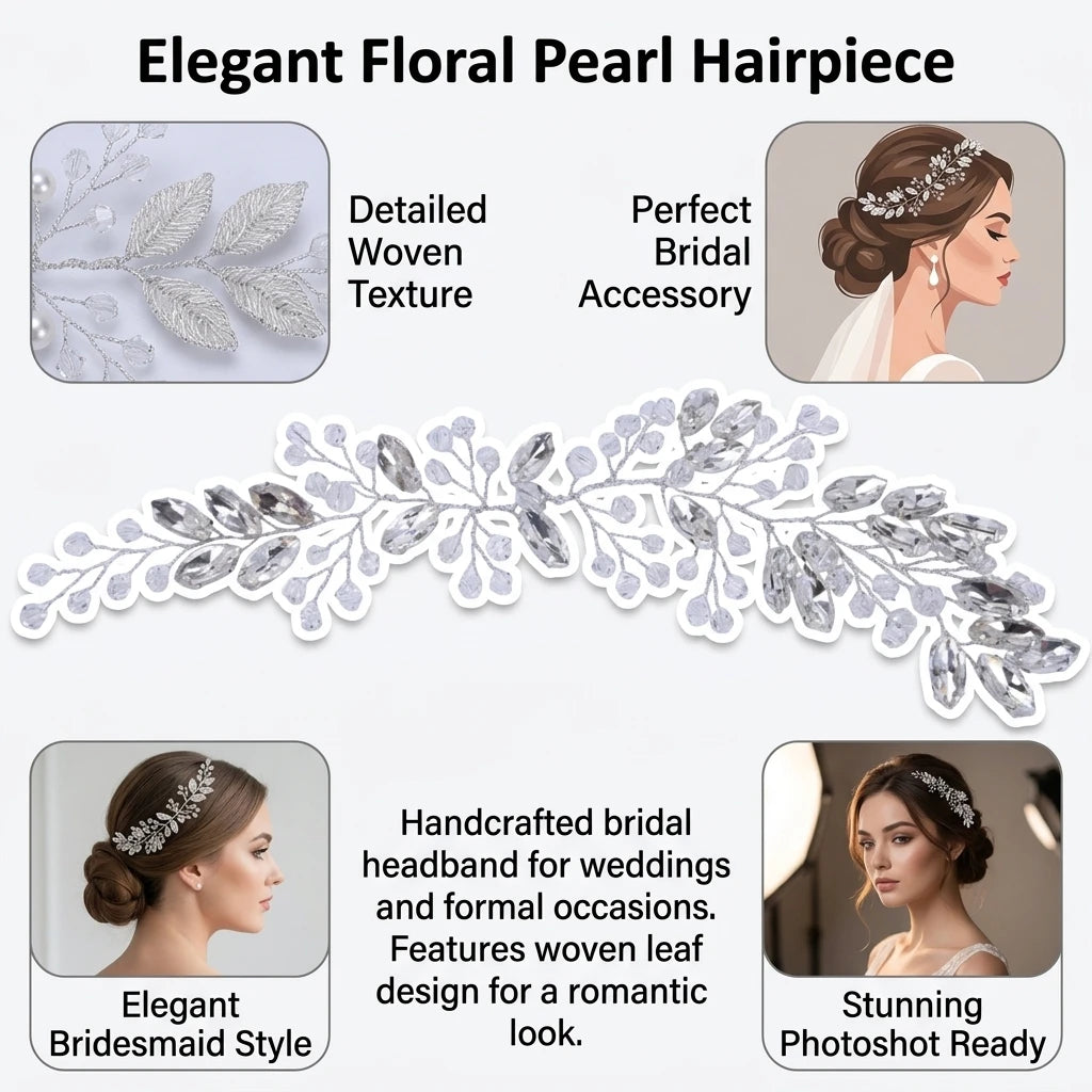 Bridal Pearl Flower Hairpiece With Woven Leaf Headband For Wedding Dress And Formal Occasions Peaceful Pleasures Health and Wellness