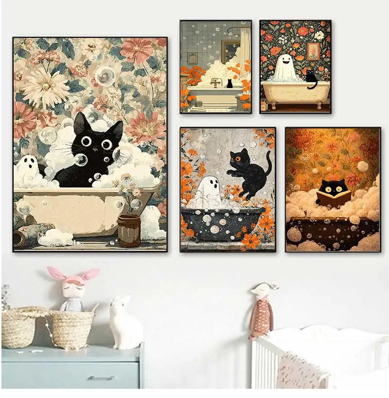 Halloween Ghost Black Cat Bathtub Canvas Wall Art Print