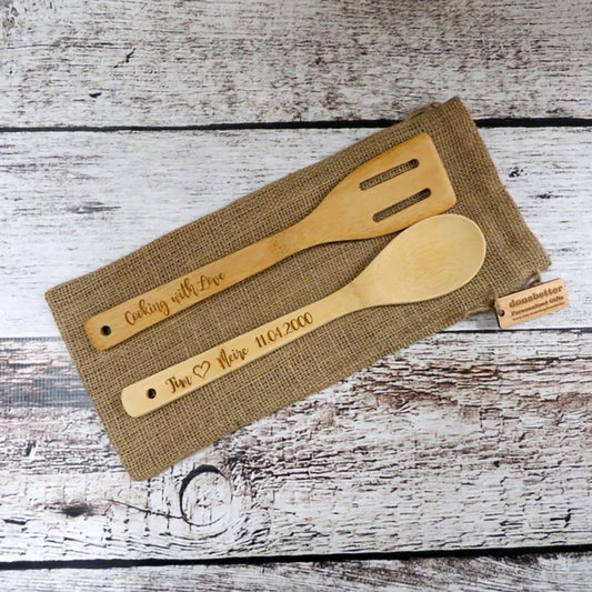 Personalized Bamboo Spoon & Spatula Set | Engraved Kitchen Gift Personalized Kitchen Utensils Peaceful Pleasures Health and Wellness