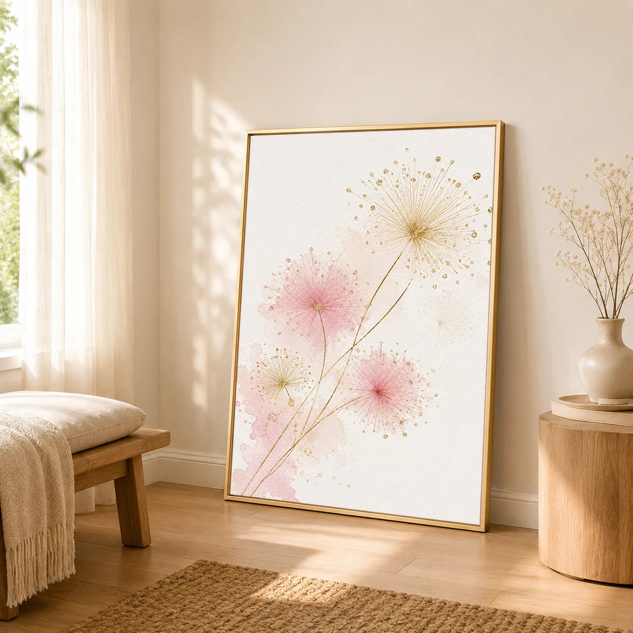 Nordic Dandelion Wall Art Pink Gold Floral Canvas Painting Botanical Poster Print Living Room Wall Decor Peaceful Pleasures Health and Wellness
