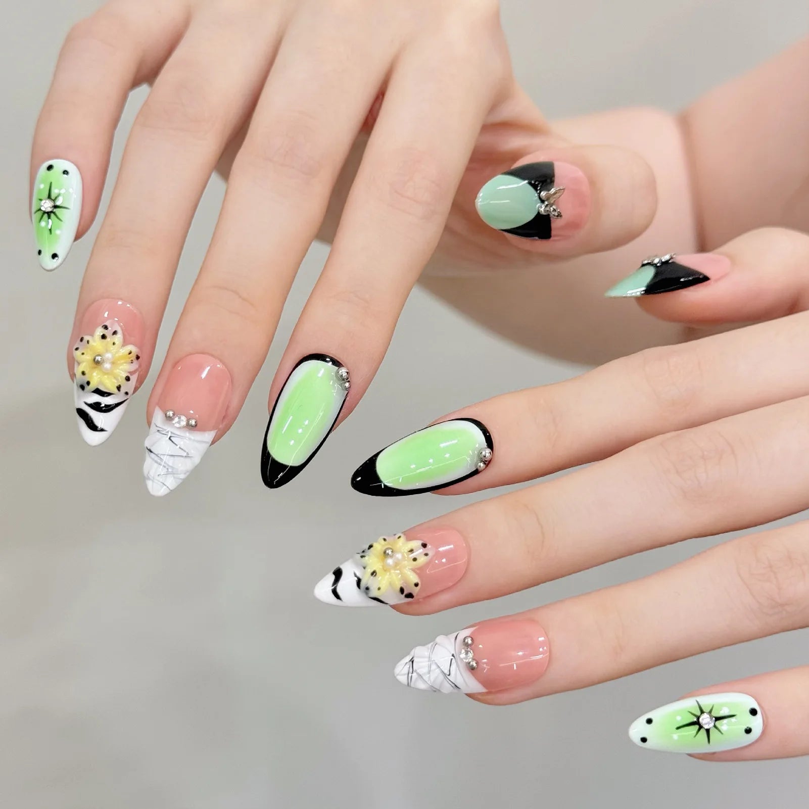 Handmade Press On Nails – 3D Flowers Cat's Eye Long False Tips Press On Nails Peaceful Pleasures Health and Wellness