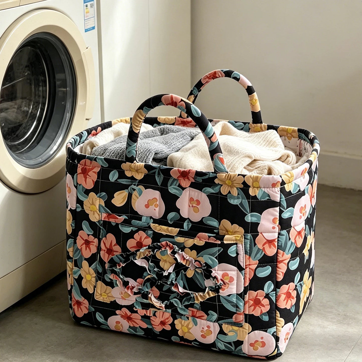 Women Floral Quilted Fabric Baskets Large Capacity Boho Gift Hamper with Handles for Clothes Home Dorms Bedrooms Bathrooms Peaceful Pleasures Health and Wellness Style C