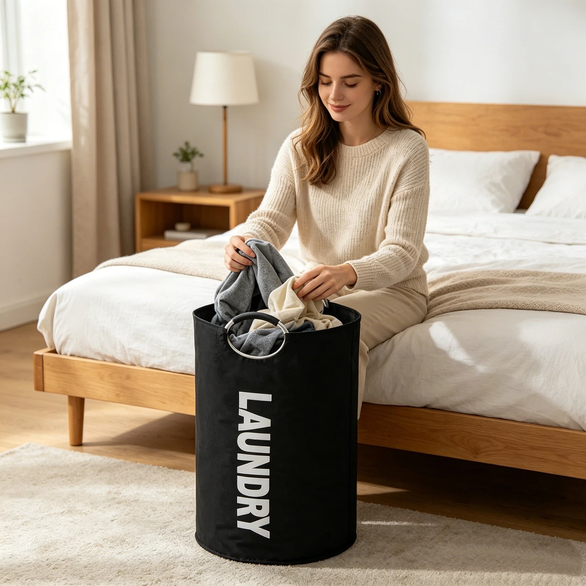 Home Large Capacity Clothes Storage Bag Oxford Cloth Laundry Bag Round Handle Dirty Laundry Storage Basket Peaceful Pleasures Health and Wellness