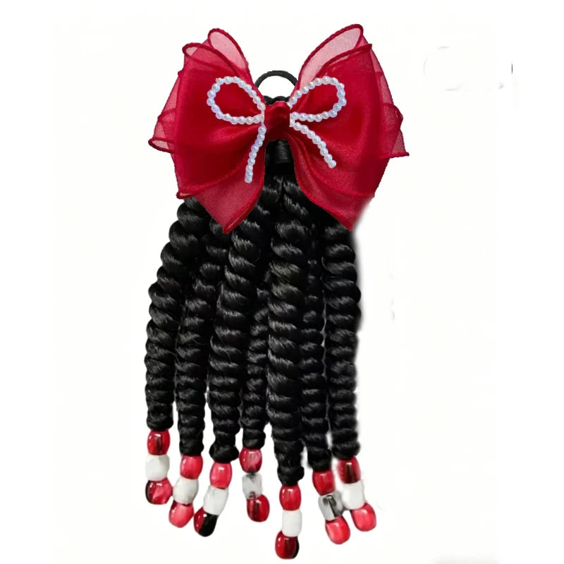 2pcs Toddler Girls Braided Wig Hair Extensions, Beaded Elastic Ponytail Holders,Organza Pearl Bow Clip, Princess Hair Ornaments Peaceful Pleasures Health and Wellness bow ponytail 6