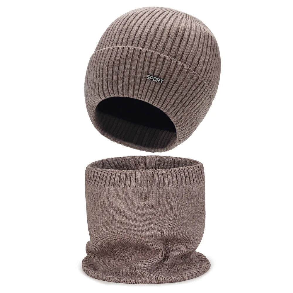 Winter New Solid Color Men's And Women's Knitted Hats+Ear Protection Scarf Set Warm Hat Scarf,Outdoor Warm Hat Warm Peaceful Pleasures Health and Wellness Khaki Set One Size