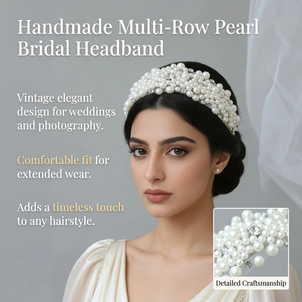 Bridal Headband Vintage Pearl Hair Accessory Hand-made Multi Row Design for Wedding Photography Peaceful Pleasures Health and Wellness