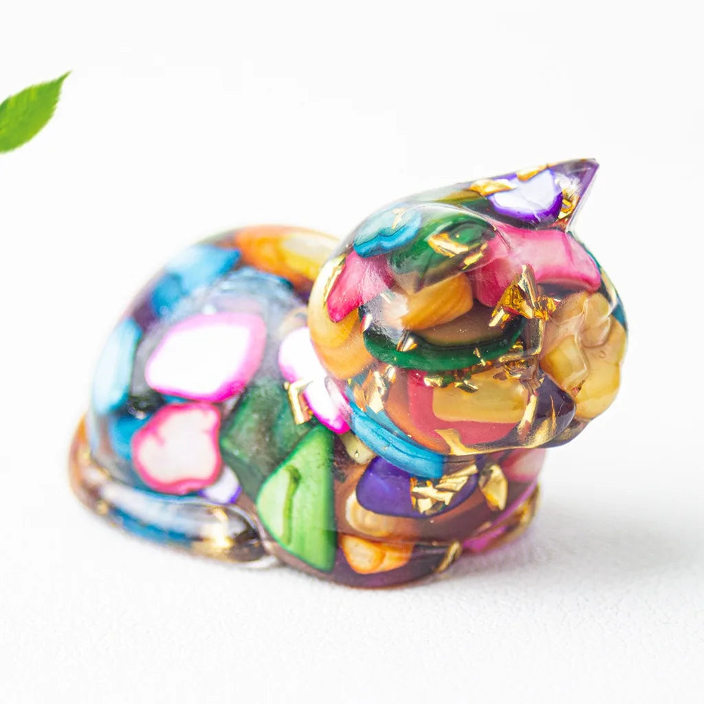 Crystal Chip Epoxy Lying Cat Figurine | Desk Decor & Gift