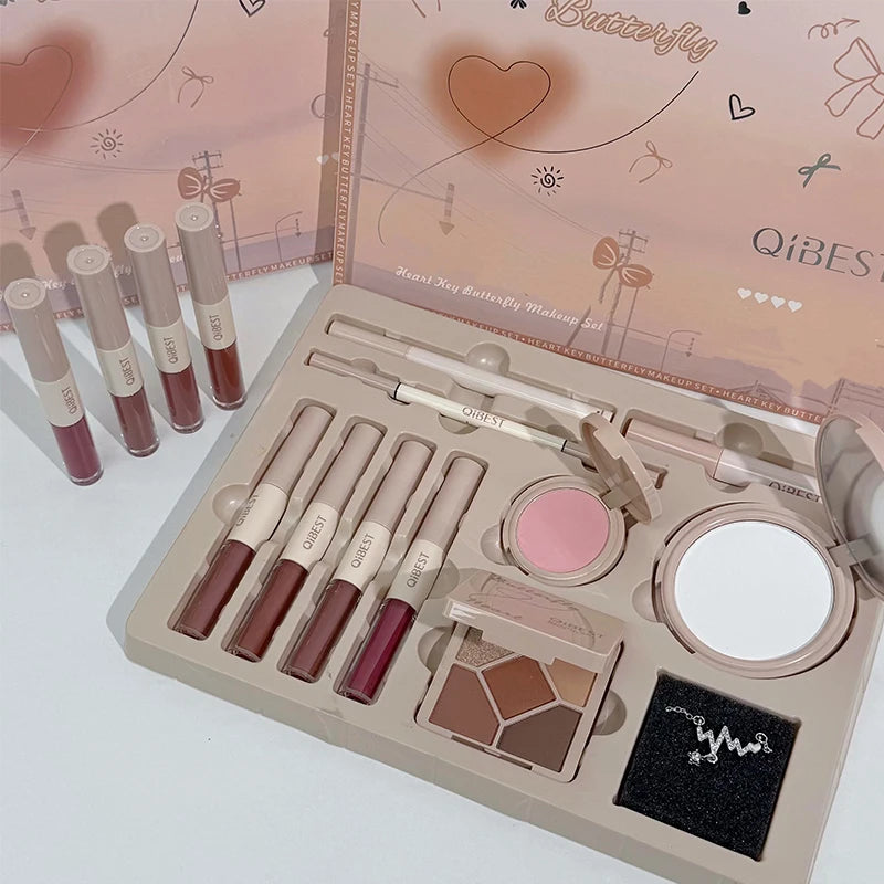 QIBEST Face Makeup Set 4pc Double End Lip Glaze, Pressed Powder,Blush,Eyeshadow, Eyebrow Pen,Eyeliner,Lip Oil Gift Cosmetics Peaceful Pleasures Health and Wellness