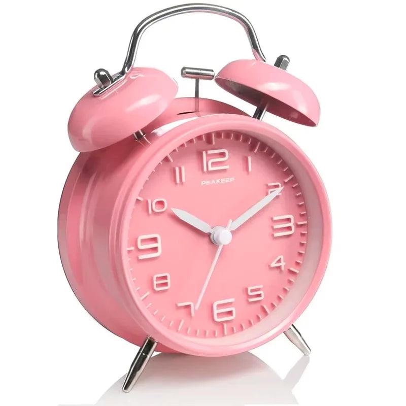 4 Inch Twin Bell Loud Alarm Clock Metal Frame 3D Dial with Backlight Battery Operate Desk Table Alarm Clock For Home and Office Peaceful Pleasures Health and Wellness pink