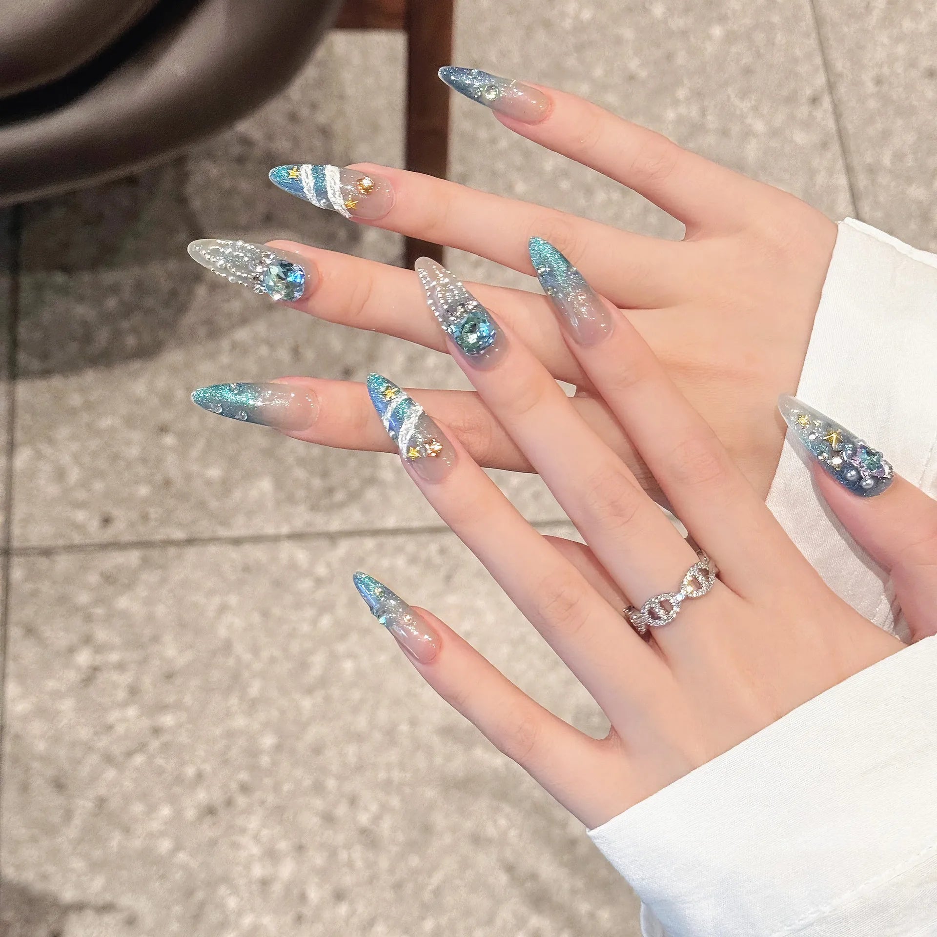 Handmade Press on Nails Blue Ocean White Swan Lake Shiny Fake Nail Tips Wearable Detachable Glitter Cat Eye Fairy False Nails Peaceful Pleasures Health and Wellness