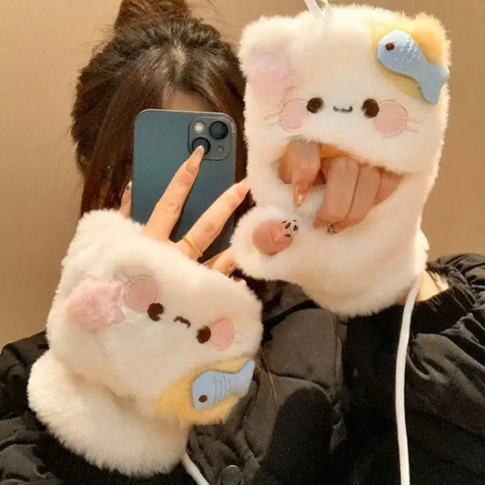 Cat Plush Flip-Cover Gloves for Women | Touchscreen Winter Winter Plush Gloves Peaceful Pleasures Health and Wellness