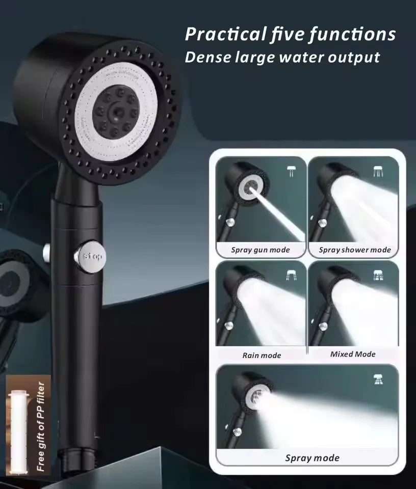 5-Mode High-Pressure Handheld Shower Head with Filter & Stop Button
