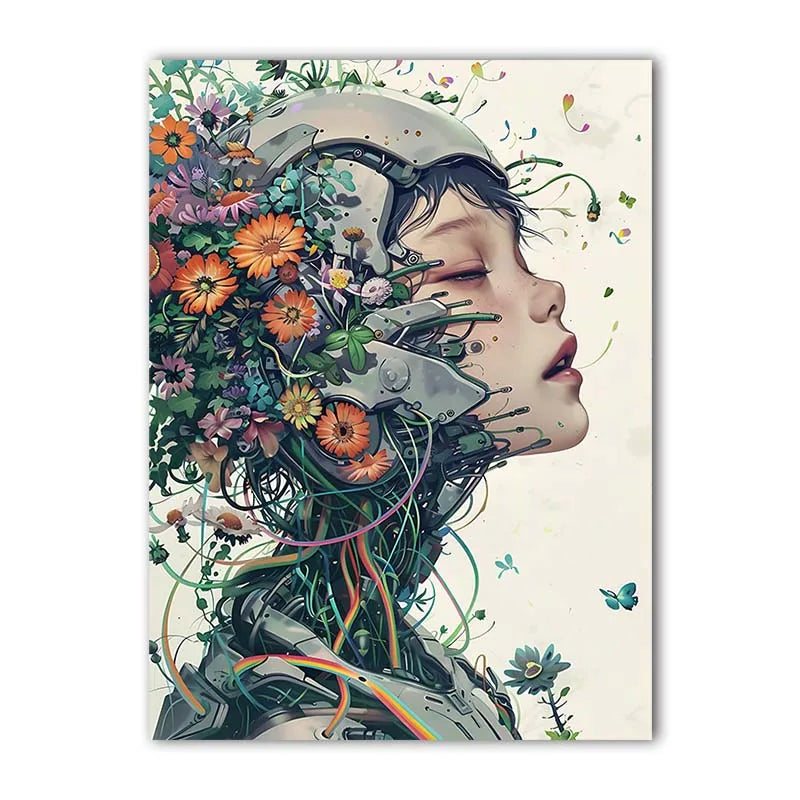 Nordic Robot Girl & Flowers Canvas Wall Art | Modern Poster Print Canvas Wall Art Print Peaceful Pleasures Health and Wellness 05 15x20cm No Frame China Mainland
