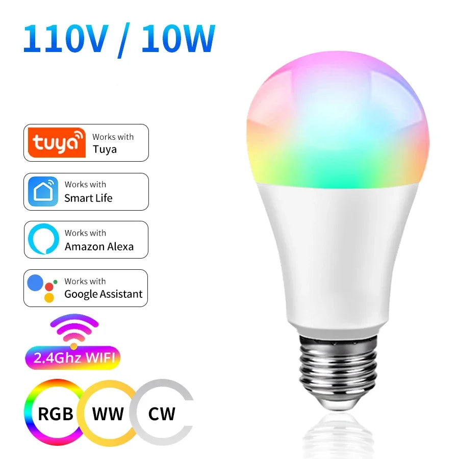 220V 110V 10W 15W 20W Tuya WiFi LED Light Bulb RGB+WW+CW E27 Smart Alexa Lamp Compatible with Alexa Google Home Smart Life APP Peaceful Pleasures Health and Wellness 110V 10W Yes