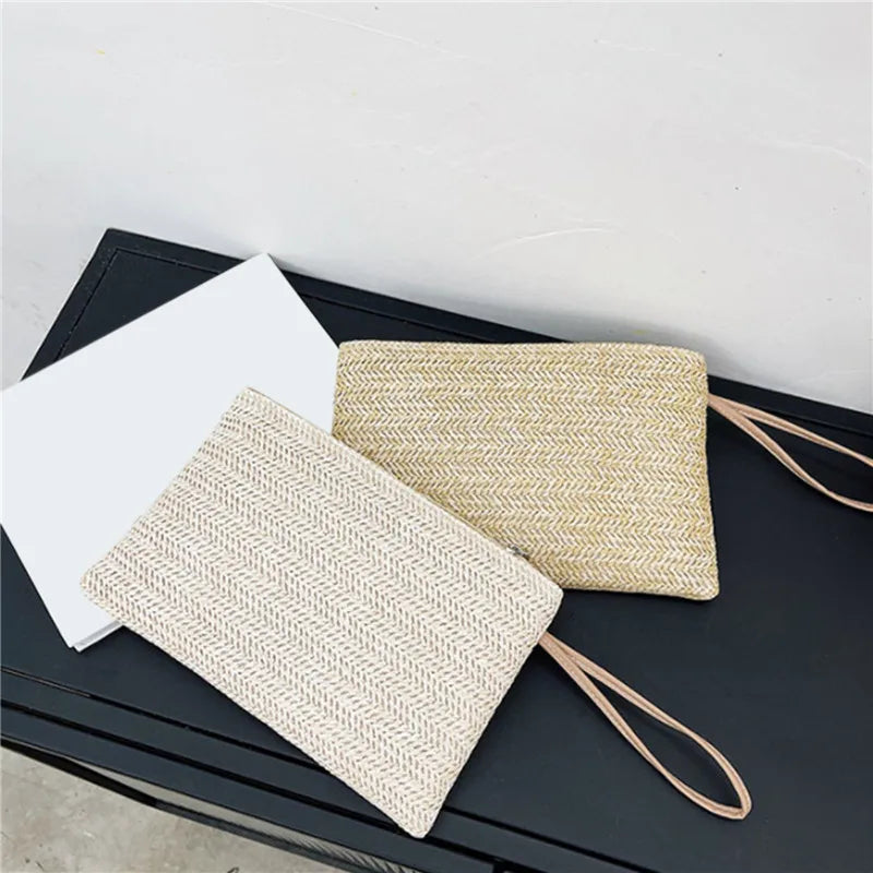 Clutch Bag for Women Handmade Backpack Fashion Ladies Wristlet Girl Phone Solid Straw Woven Coin Purse Beach Wallet Fresh Sweet Peaceful Pleasures Health and Wellness