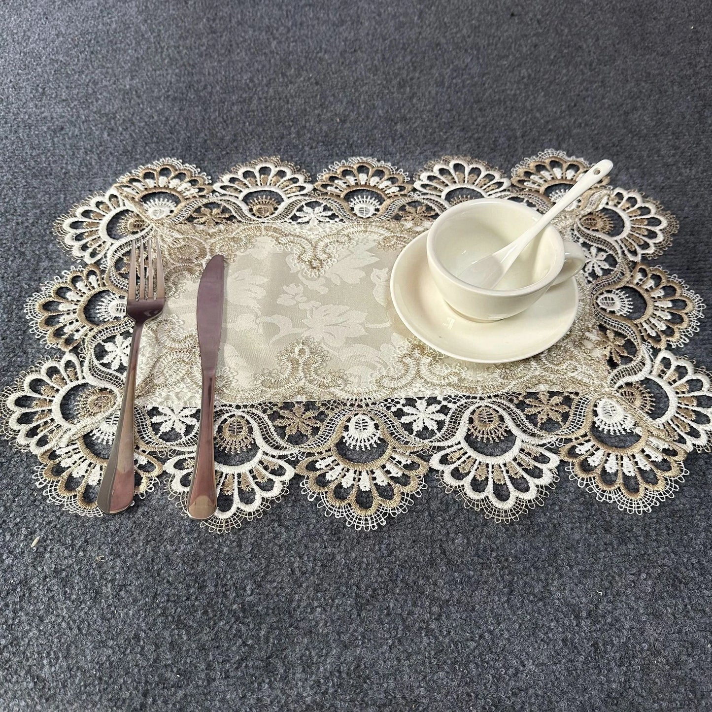 Battilo White Lace Placemats for Dining Table Embroidered Rectangle Cup Mat Set of 2 Decorative Table Mats Wedding Party Decor Peaceful Pleasures Health and Wellness Beige 30x45cm Flower