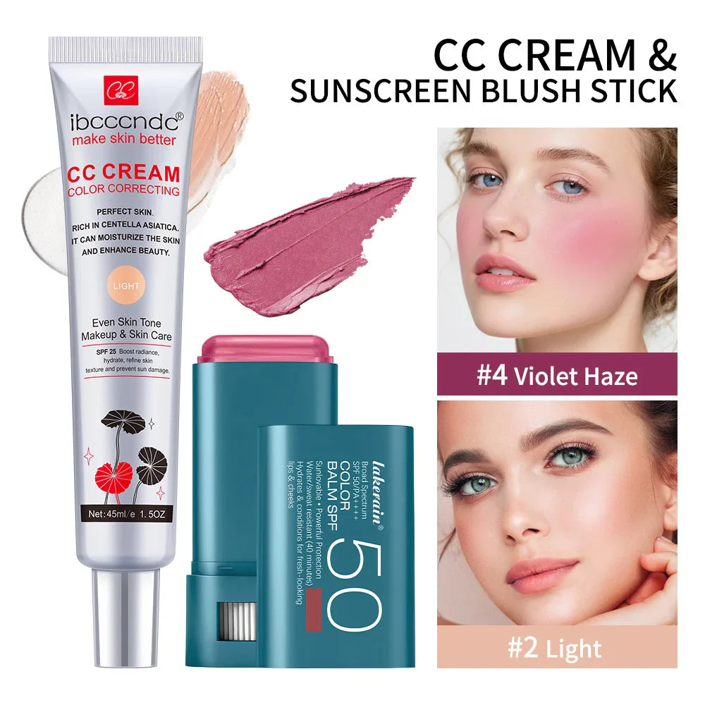 CC Cream & SPF 50 Blush Stick Set – Waterproof Korean Makeup
