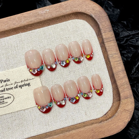 10pcs Handmade Red French Press on Nails Glitter Diamond Decor False Nails Full Cover Wearable Sweet Short Round Fake Nail Tips Peaceful Pleasures Health and Wellness M