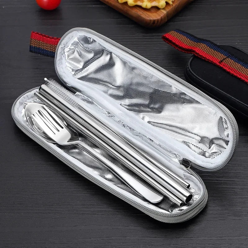 8-Piece Reusable Stainless Steel Travel Cutlery Set – Portable Utensils with Spoon, Fork, Chopsticks, Straw & Case