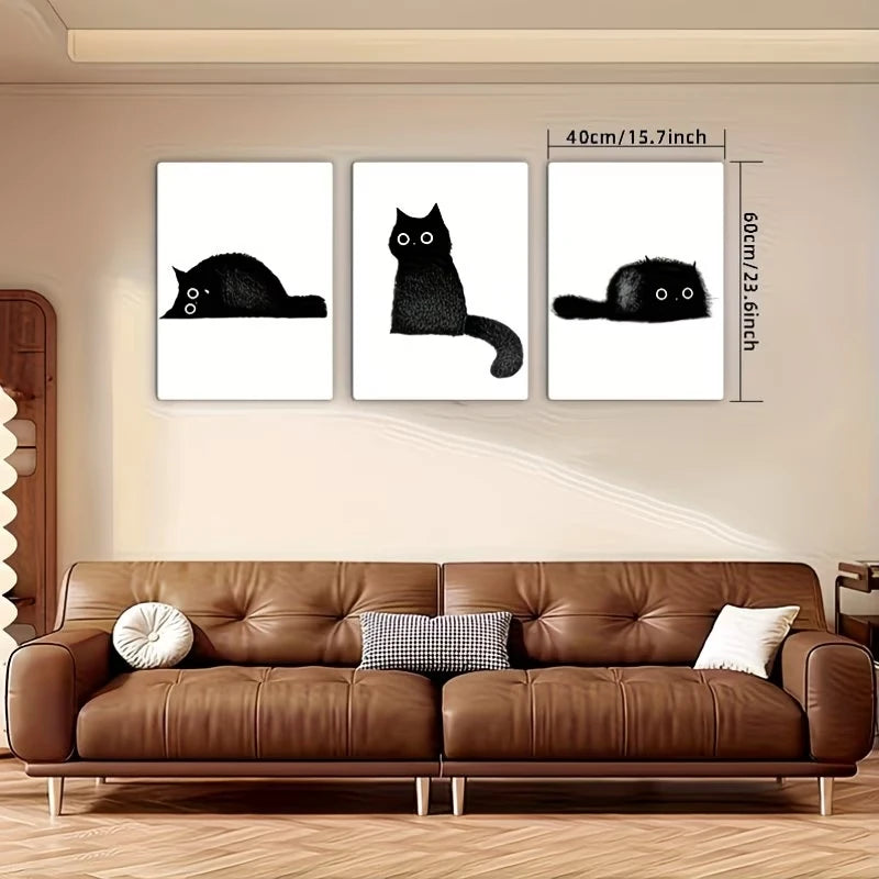 3-Piece Black Cat Canvas Wall Art Print | Modern Home Decor