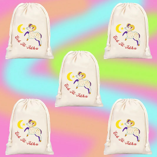 5-Pack Eid Al Adha Sheep Drawstring Gift Bags | Eid Mubarak Holiday Gift Bags Peaceful Pleasures Health and Wellness