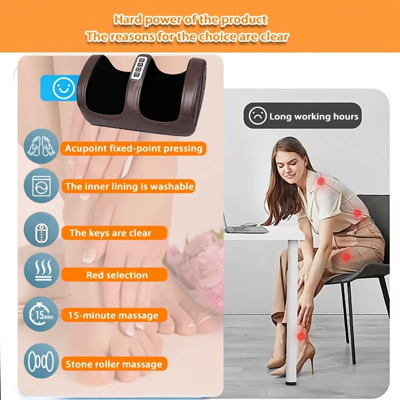 Electric Brown Foot Massager. Roller Acupressure Relaxation Massage, Targeted Massage of Foot Meridian Points. Two-Way Motion Modes, 3 Levels of Massage Intensity. Especially Suitable for Use on Calves, Feet, Legs, and Hands. Peaceful Pleasures Health and Wellness
