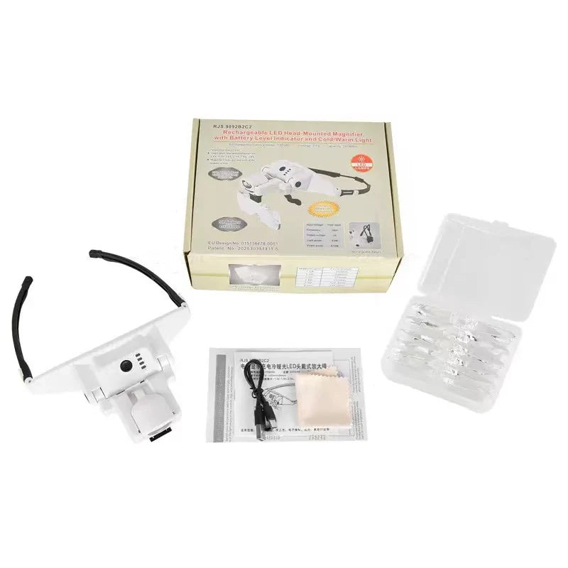 LED Rechargeable Headband Magnifier Interchangeable Lens Multiple Magnification 3 Colors Light for Reading Peaceful Pleasures Health and Wellness XT044