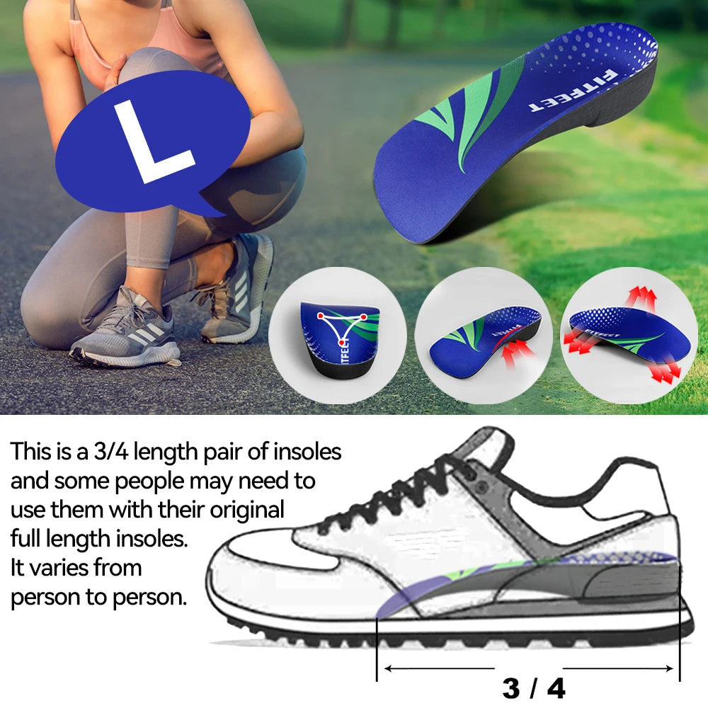 RooRuns Orthopedic Arch Support Shoes Insoles 3/4 Length Flat Feet Shoes Pads for Feet Plantar Fasciitis Heel Pain Relief Unisex Peaceful Pleasures Health and Wellness L 2pc