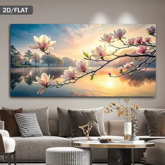 2D Flat Frameless Canvas Art, Elegant Blooming Pink Flowers Lake Reflection Abstract Art, for Living Room, Bedroom, Office Decor Peaceful Pleasures Health and Wellness