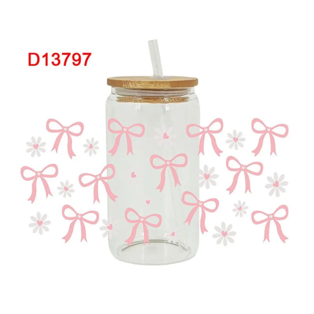 New Waterproof UV DTF Transfer Sticker Clear Smooth Pink Bow Decals Water Bottles Sticker For 16Oz Glass Cup Peaceful Pleasures Health and Wellness 3