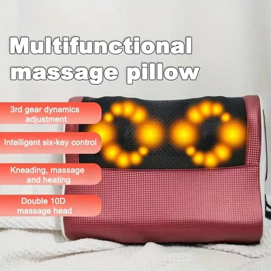 A Neck Massage Pillow with Heating Function, Equipped with Multiple Kneading Heads Specifically for the Neck, a Six-Button Control Panel, and Suitable for Various Body Parts Including the Neck, Shoulders, Waist, Back, and Leg Peaceful Pleasures Health and Wellness