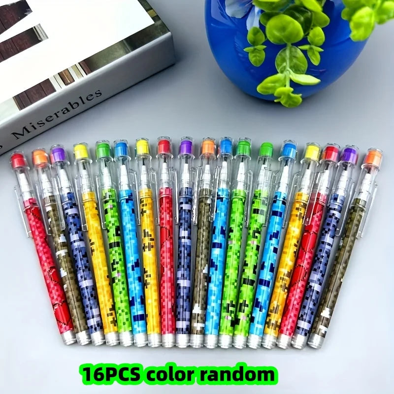 16-Piece Set of Pencils with Random Colors and Pixel Pattern Designs, Cartoon Pencils, Student Prize Pencils, Pencils with Erasers, Stationery Store Supplies, Great Learning and Gift Items Peaceful Pleasures Health and Wellness 16Pcs Color Random