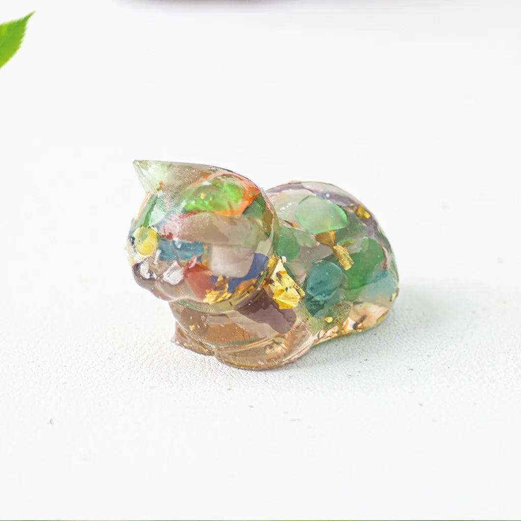 Crystal Chip Epoxy Lying Cat Figurine | Desk Decor & Gift