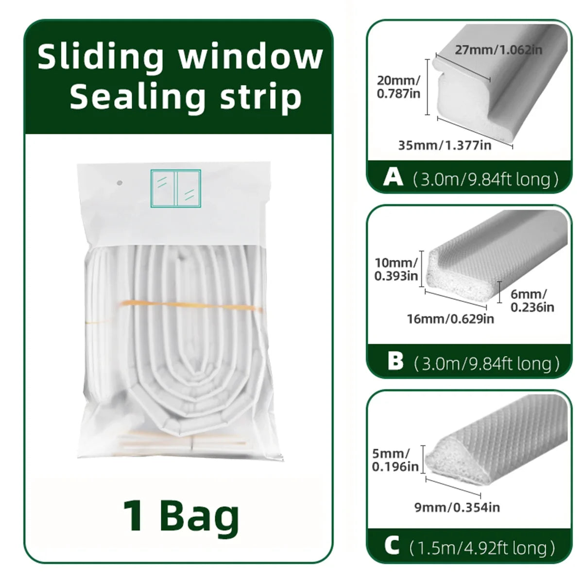 Special Seal Strip for Plastic Steel Sliding Windows - 3m Outer Seal + 3m Inner Seal + 3m Middle Gap Seal, Complete Set for Comp Peaceful Pleasures Health and Wellness 1bag