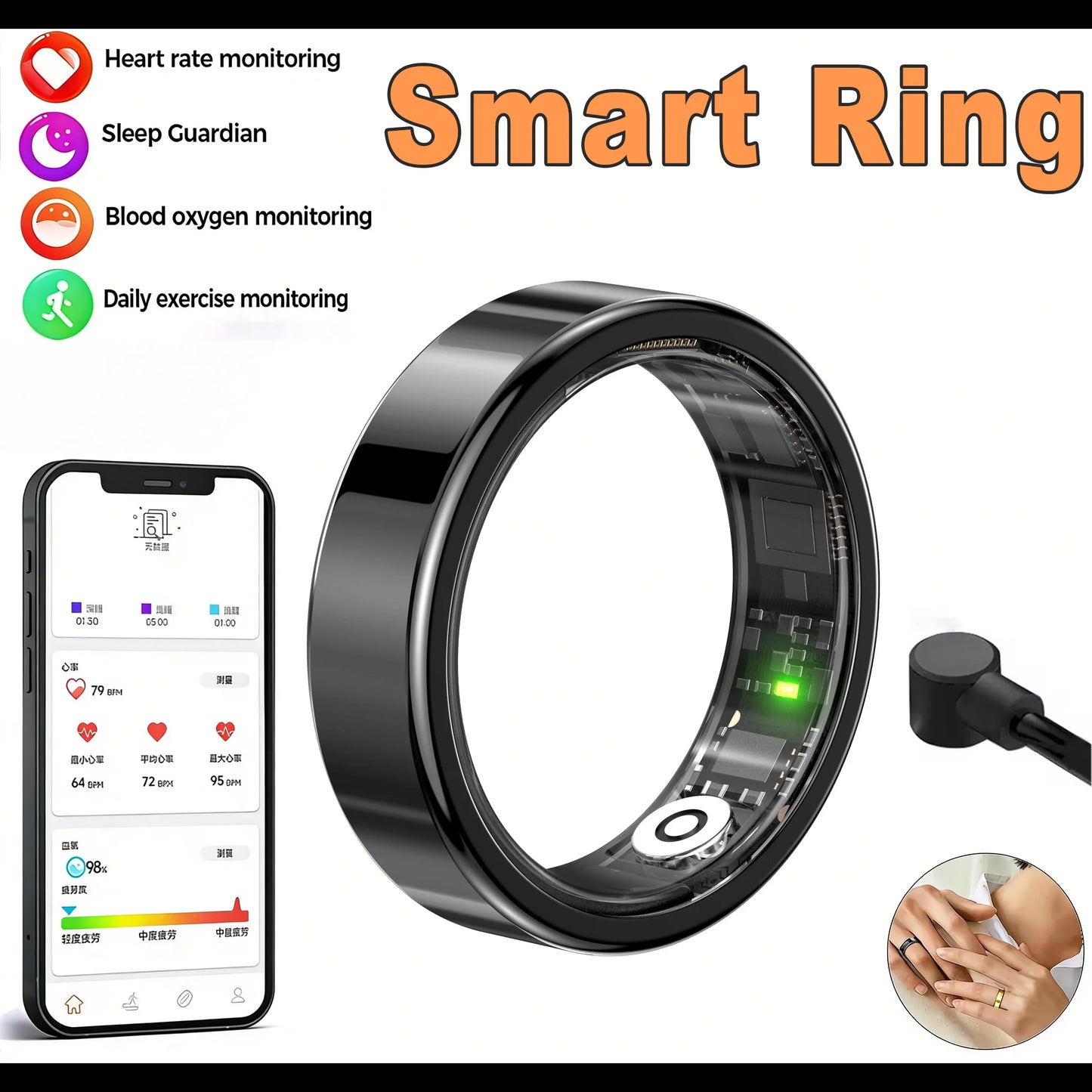 2026 New Men Women Smart Ring IP68 WaterProof Multi-Sport Mode Heart Rate Blood Oxygen Monitoring Control Photography Smartring Peaceful Pleasures Health and Wellness Black 13