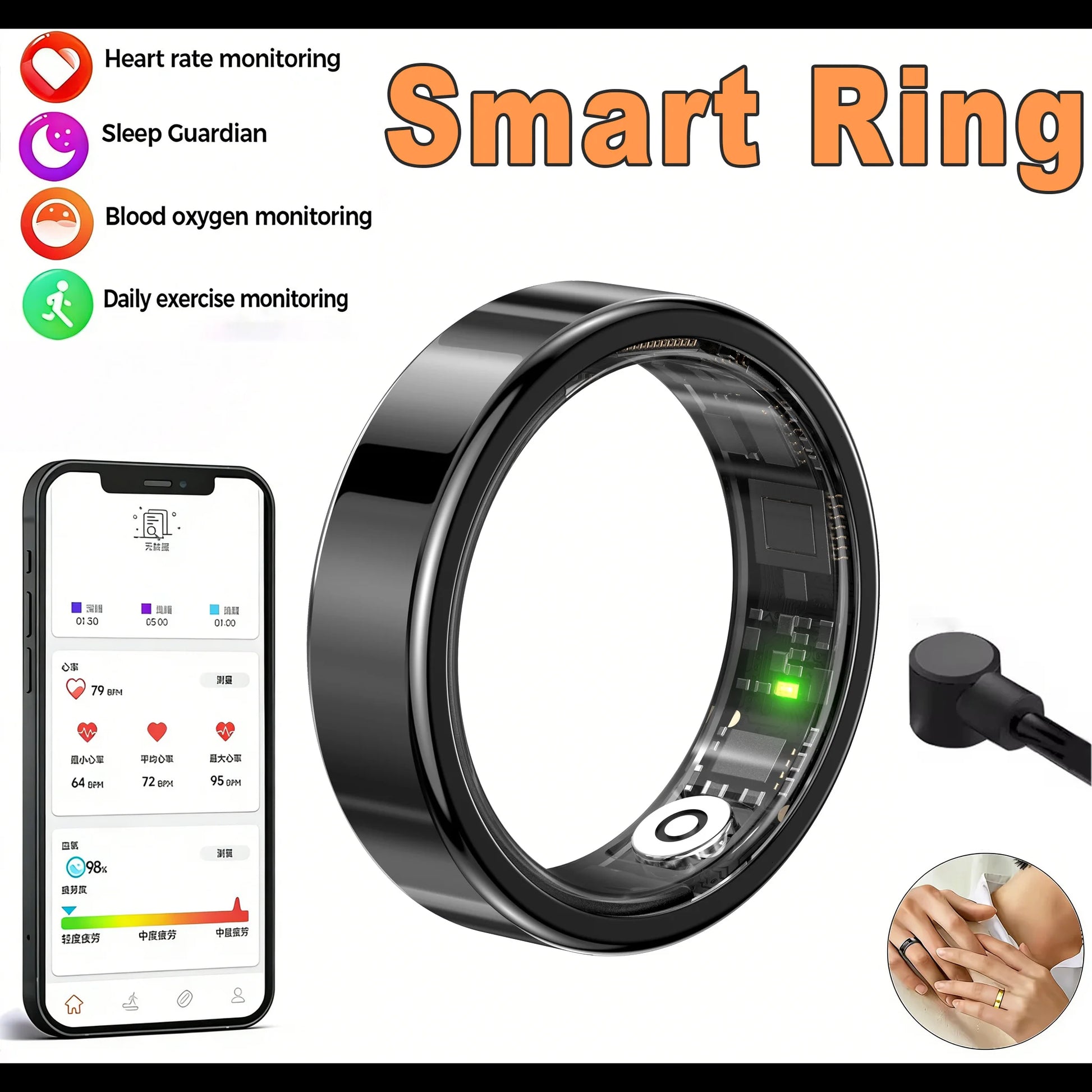 New Smart Ring Bluetooth 2026 IP68$5ATM Waterproof Lightweight Heart Rate&Blood Oxgyen&Sleep Monitoring Men Women Holiday Gifts Peaceful Pleasures Health and Wellness Black 13