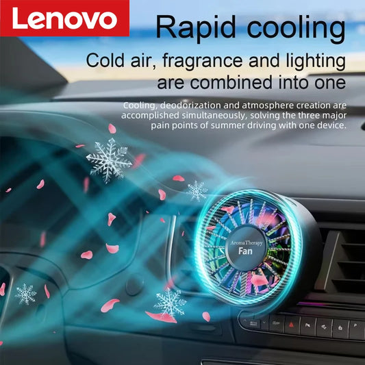 Lenovo Portable Mini Car Fan Clip on Aroma Cold Air Diffuser 2 in 1 Strong Wind Vent Fan Air Freshener RGB Light Car Accessories Peaceful Pleasures Health and Wellness