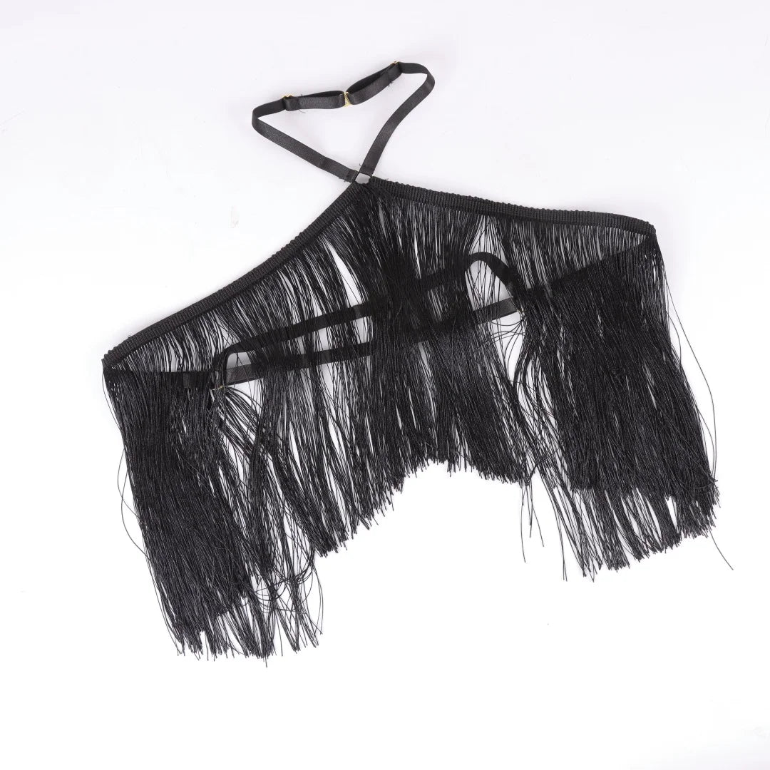 UYEE Women's Black Halter Tassel Detail Adjustable Elastic Harness