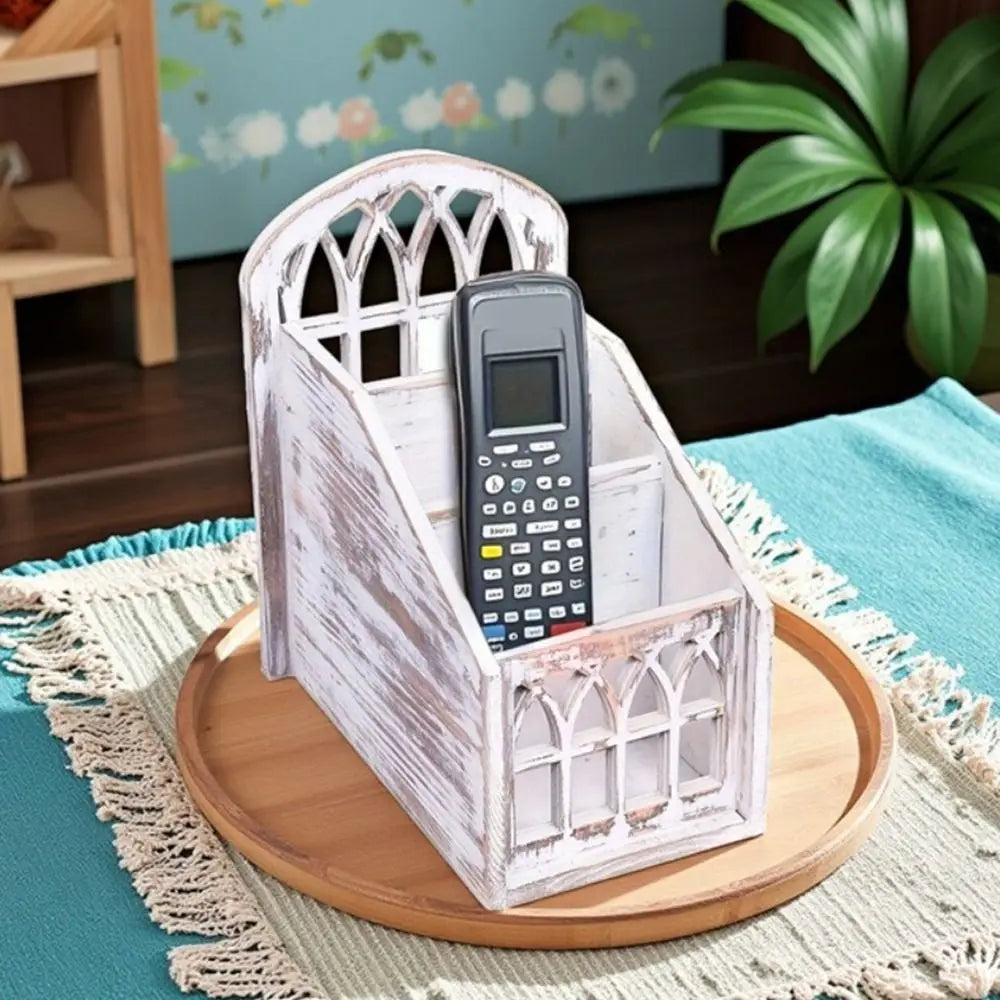 3-Grid Wooden Remote Control Holder | Vintage Desktop Organizer
