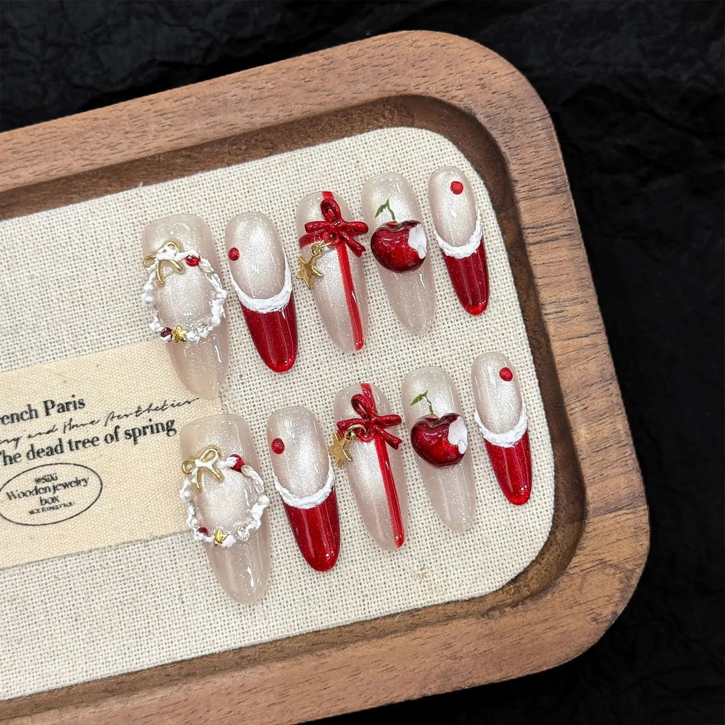Christmas Press On Nails | Cat's Eye Red French Tip 3D Bows Press On Nails Peaceful Pleasures Health and Wellness M 1