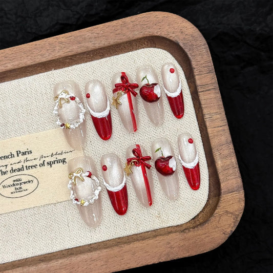 Christmas Press On Nails | Cat's Eye Red French Tip 3D Bows Press On Nails Peaceful Pleasures Health and Wellness M 1