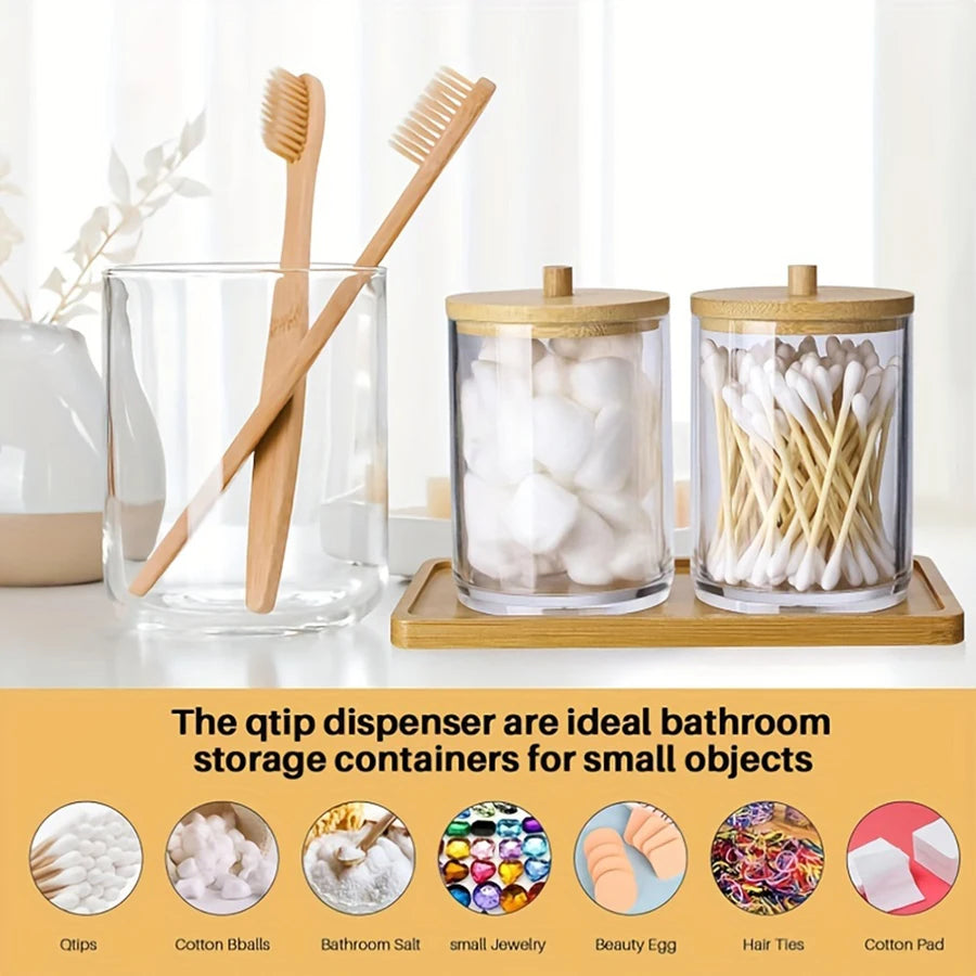 Acrylic Cotton Swab Holder Canister with Tray – 2-Pack 10oz Apothecary Jar Bathroom Organizer